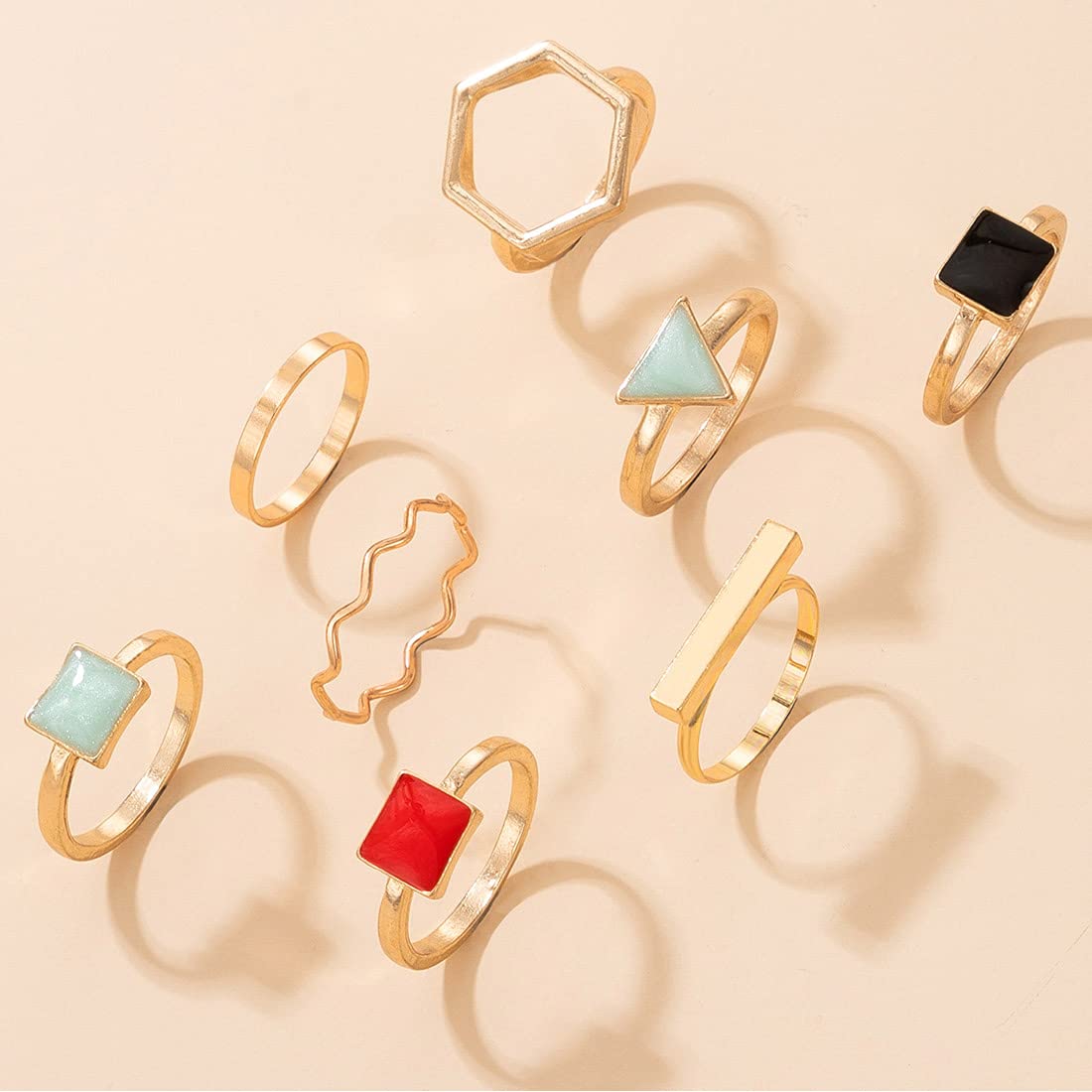 Yellow Chimes Rings for Women 8 Pcs Ring Set Gold Plated Stone Studded Geometric Multicolor Midi Finger Knuckle Rings for Women and Girls.