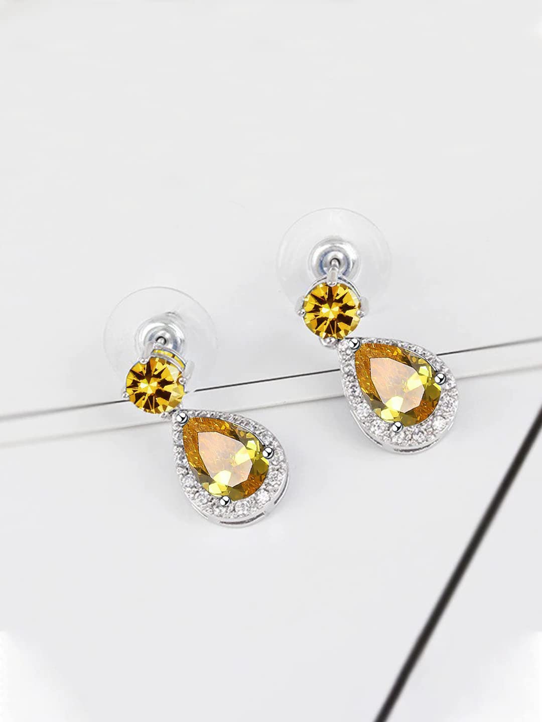 Yellow Chimes Earrings for Women and Girls Drop Earrings for Girls | Silver Tone Yellow Crystal Studded Teardrop Designed Drop Earrings | Birthday Gift for girls and women Anniversary Gift for Wife