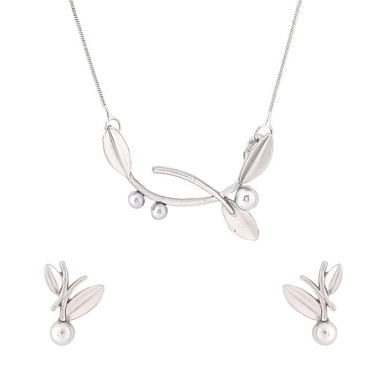 Yellow Chimes Necklace Set For Women Silver Plated Leaf Designed Neck Chain With Leaf Designed Earring For Women and Girls