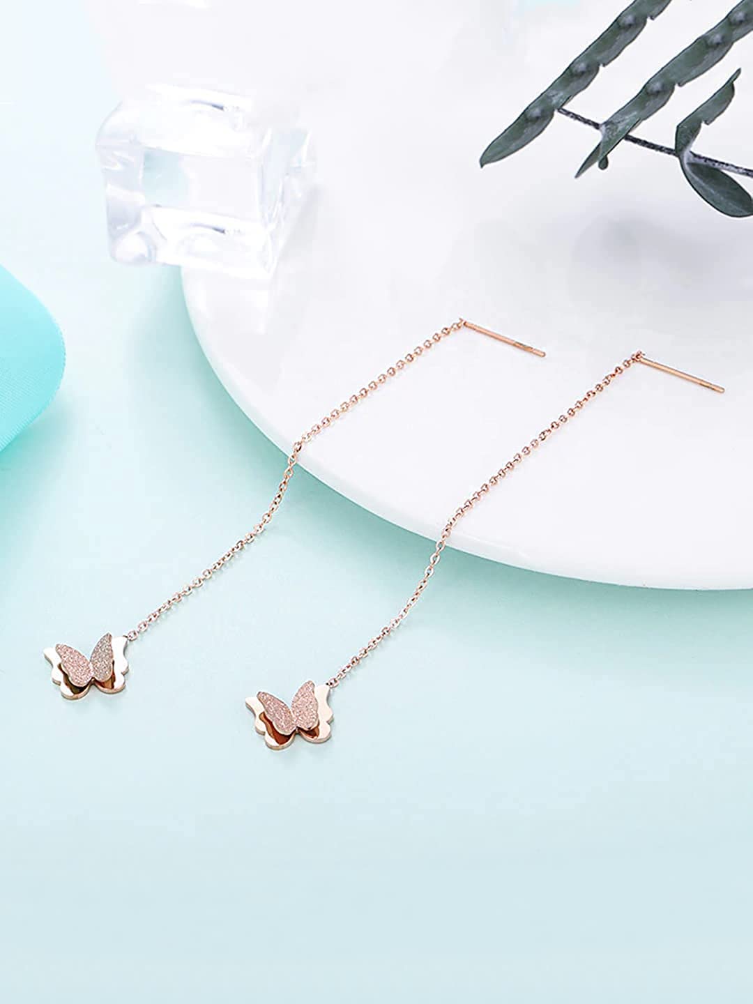 Yellow Chimes Threader Earrings for Women Western Rose Gold Plated Stainless Steel Butterfly Shaped Threader Earrings For Women and Girls