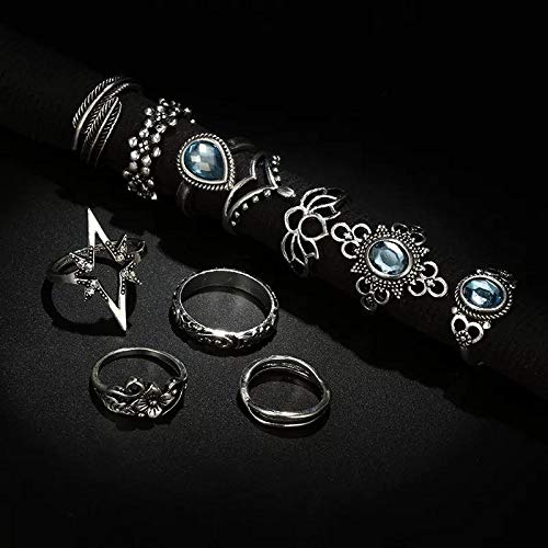 Yellow Chimes Crystal Oxidized Silver Plated Brass Boho Vintage Style Midi Finger Knuckle Rings Set for Women and Girl's (Combo of 11 Pcs/Set)