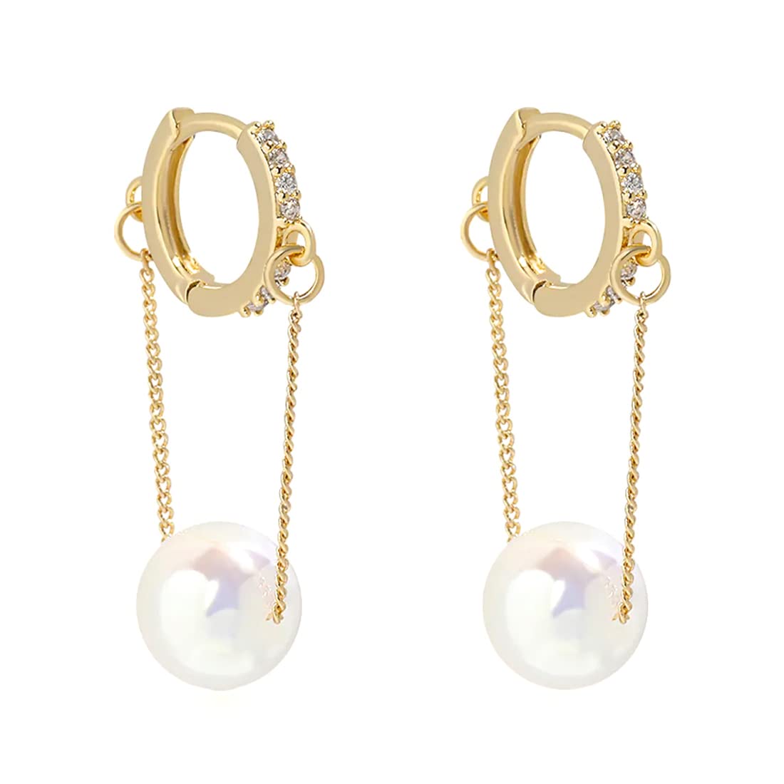 Yellow Chimes Earrings For Women Gold Tone Small Hoop With Hanging Chain White Pearl Drop Earrings For Women and Girls