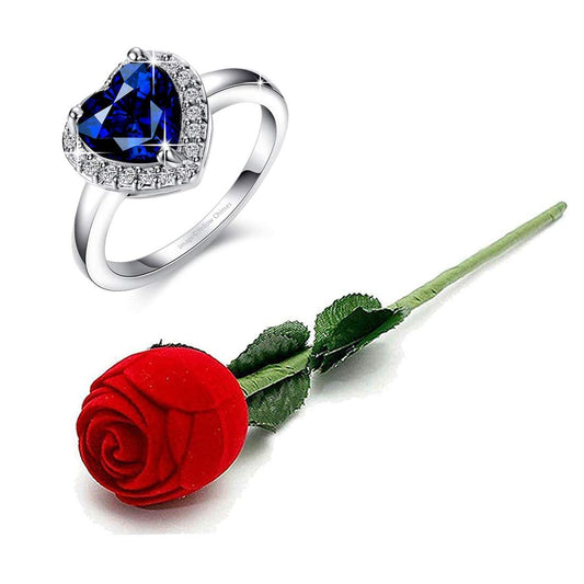 yellow chimes Valentines Gift Combo of Dual Heart 925 Silver Plated Crystal Ring in Red Velvet Rose Ring Box for Women and Girls