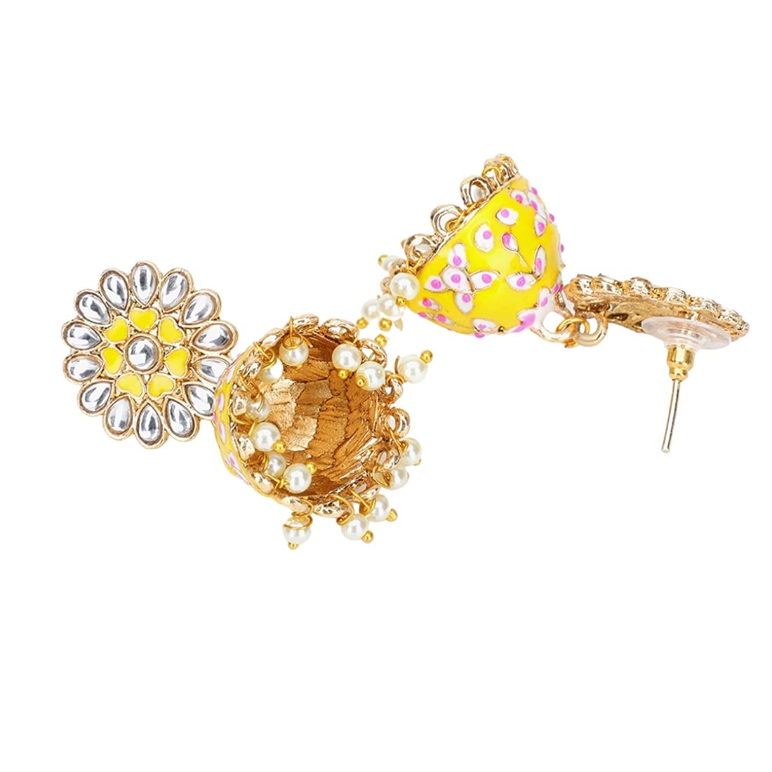 Yellow Chimes Meenakari Jhumka Earrings for Women Gold Plated Yellow Meenakari Flower Pearl Jhumka Earrings for Women and Girls