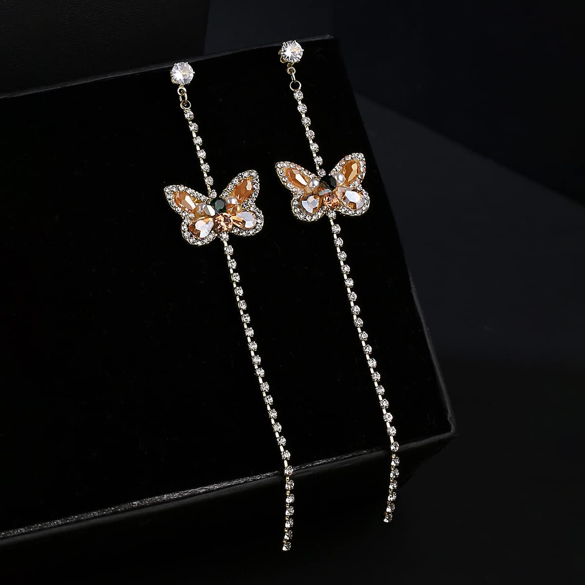 Yellow Chimes Earrings For Women Gold Tone Crystal Long Chain With Butterfly Stud Dangle Earrings For Women and Girls