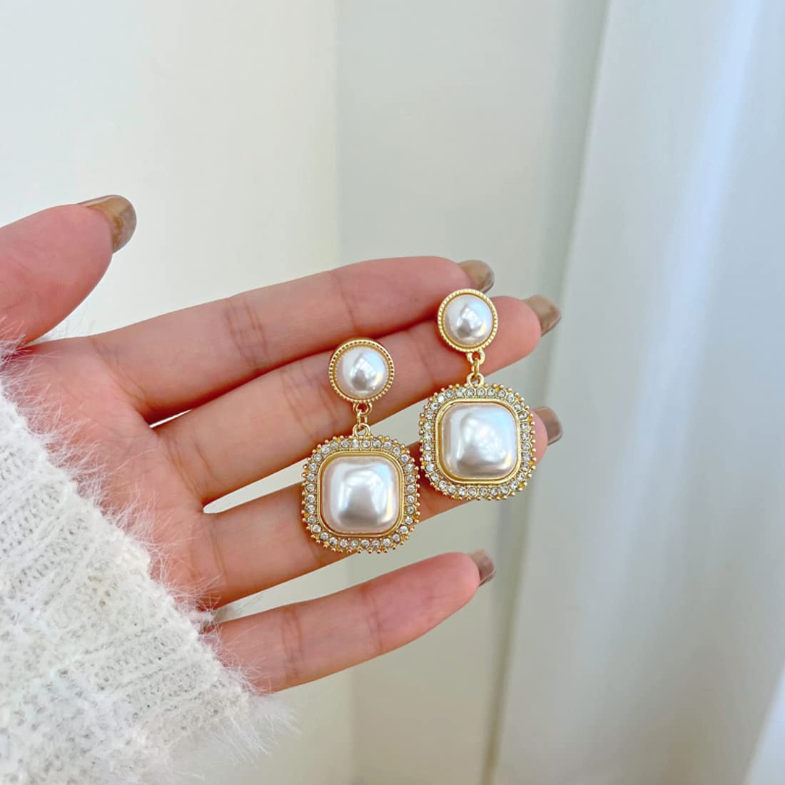 Yellow Chimes Earrings For Women White Color Pearl Studded Double Drop Earrings For Women and Girls