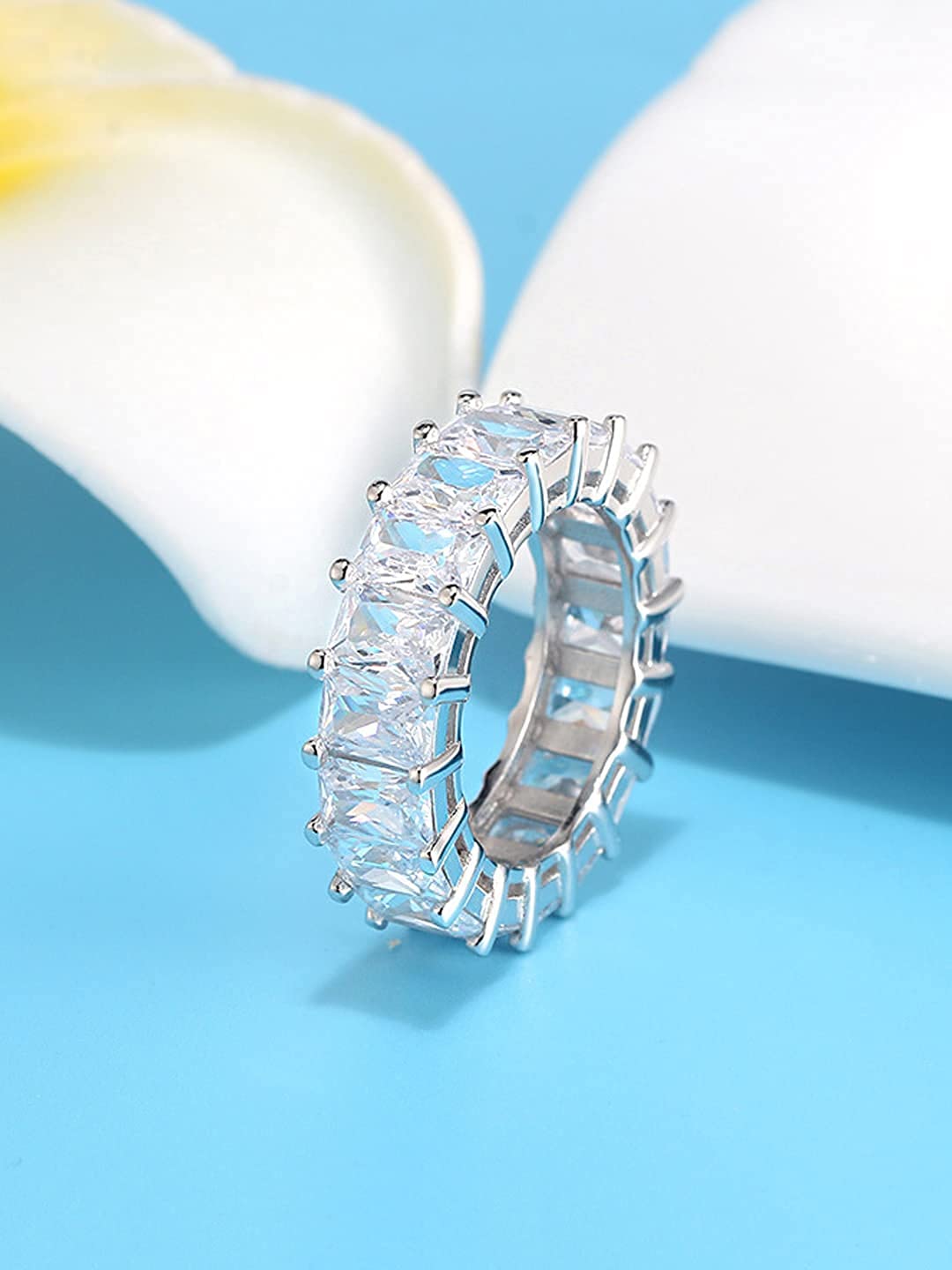 Yellow Chimes Rings for Women White Crystal Rings Silver Plated Eternity Crystal Band Rings for Women and Girls.