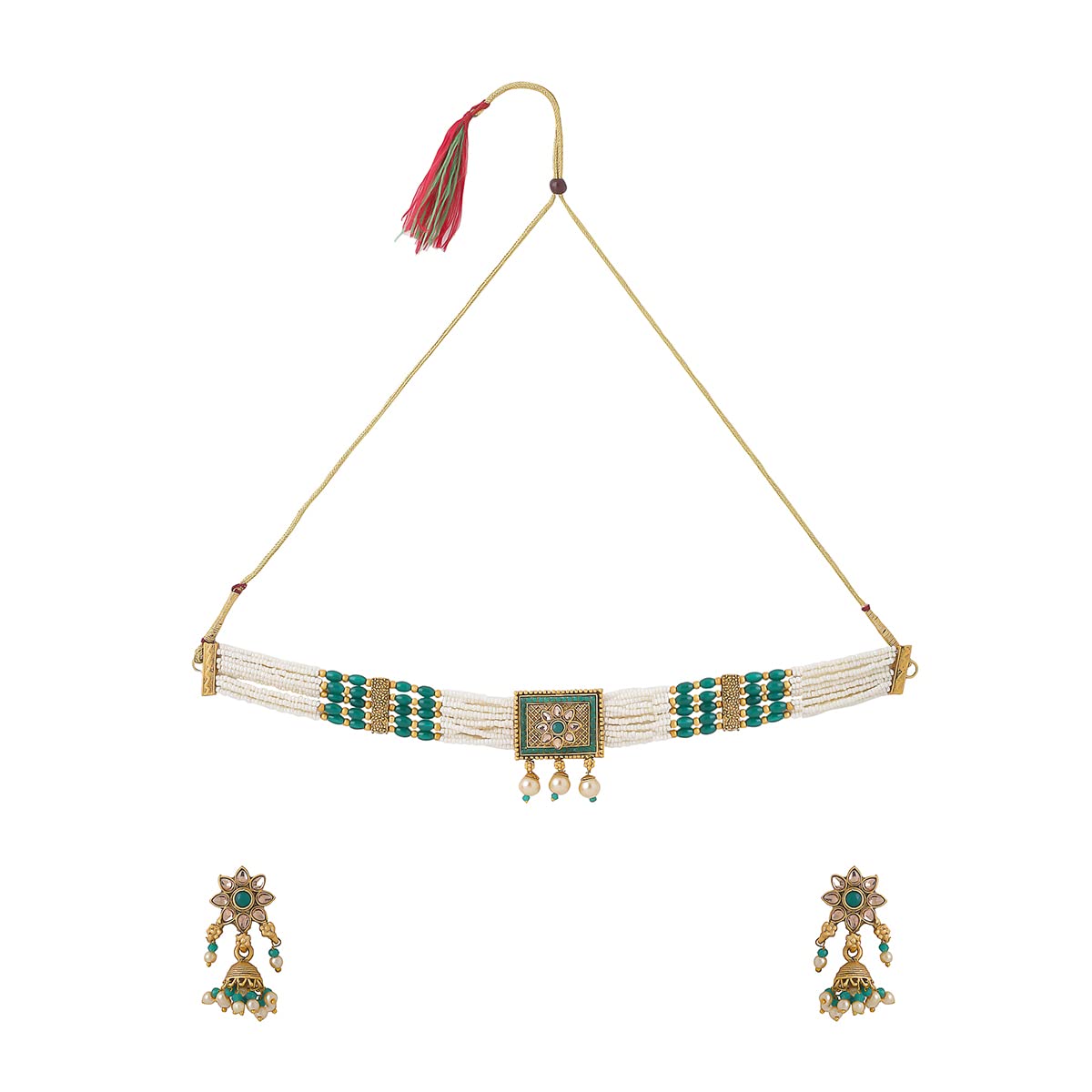 Yellow Chimes Jewellery Set for Women and Girls Kundan Necklaces Set | Gold Plated Beads Beaded Kundan Choker Necklace Set | Birthday Gift for girls and women Anniversary Gift for Wife