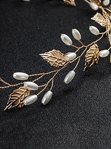 Kairangi Bridal Hair Vine for Women and Girls Bridal Hair Accessories for Wedding Golden Headband Hair Accessories Wedding Jewellery for Women Leafy Pearl Bridal Wedding Head band Hair Vine for Girls