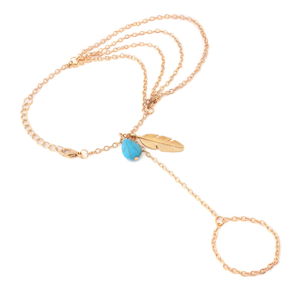 Yellow Chimes Hand Chain For Women Multilayer Gold Plated Blue Stone Feather Charm Hanging Hand Chain For Women and Girls