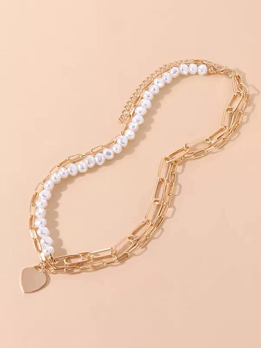 Yellow Chimes Necklace For Women Gold Toned Pearl Studded Multilayer Heart shaped Charm Chain Necklace For Women and Girls