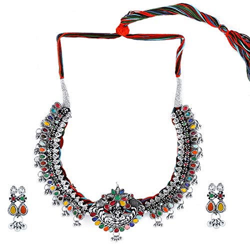 Yellow Chimes Oxidized Silver Classic Designer Traditional Choker Necklace Set with Earrings Oxidized Jewellery Sets for Women and Girls