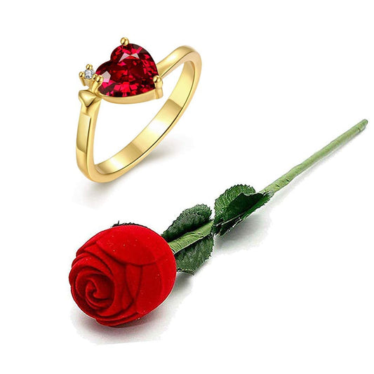 Yellow Chimes Valentines Gift Combo of 'Queen Heart' Red Austrian Crystal Ring in Red Velvet Rose Ring Box for Women and Girls