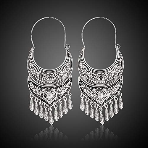 Yellow Chimes Oxidised Silver Traditional Long Hoop Chand Bali Earrings For Women & Girls