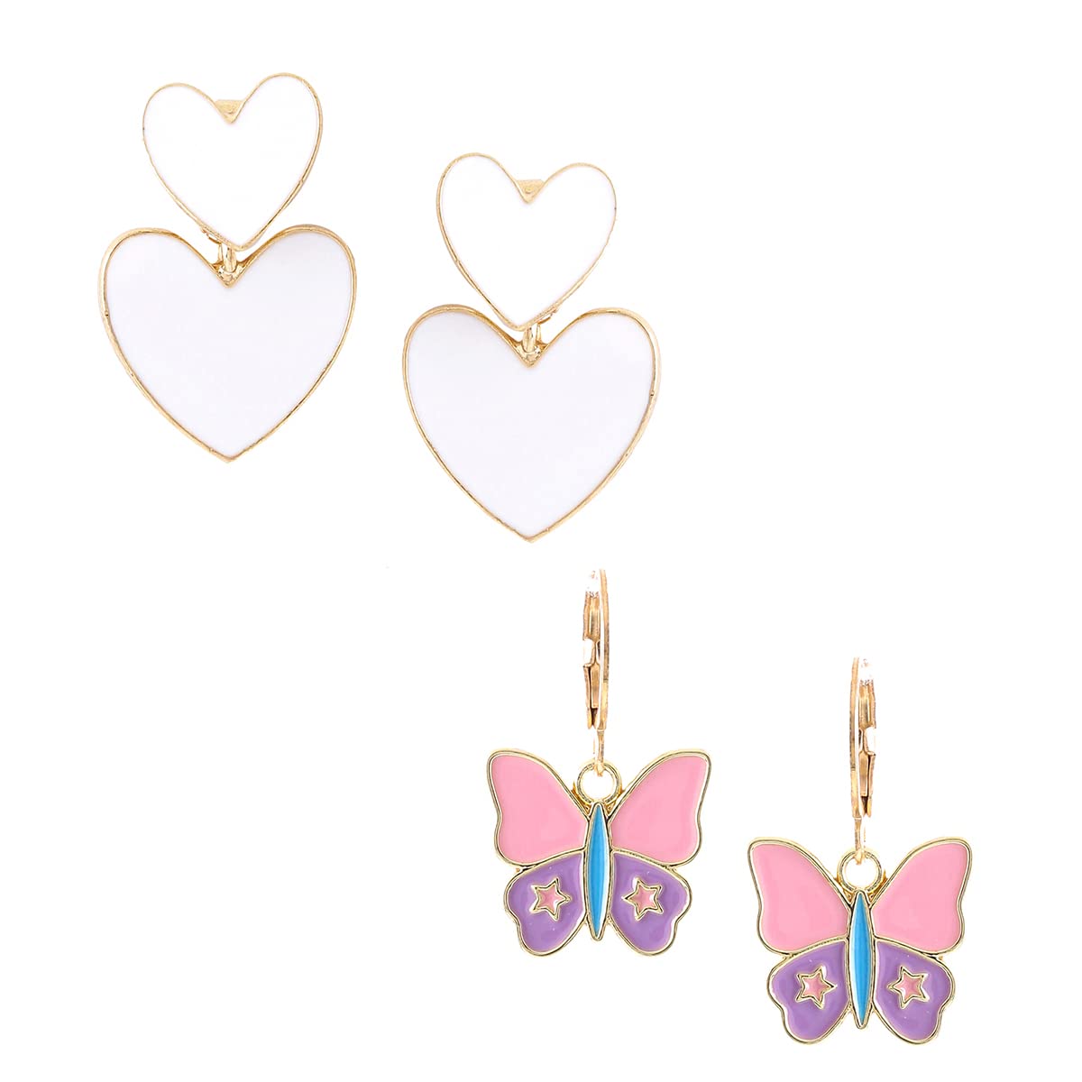 Yellow Chimes Earring For Women Combo Of 2 Pcs Gold Tone Huggie Hoop With Butterfly Charm and White Color Double Heart Drop Earrings For Women and Girls