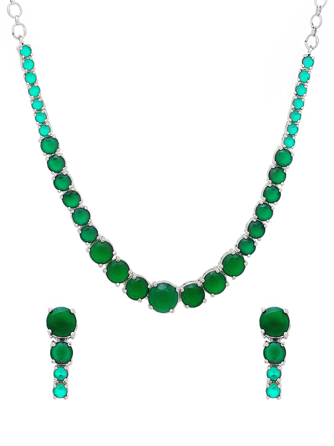 Yellow Chimes Women's Traditional Green American Diamond Rhodium Plated AD Necklace Set