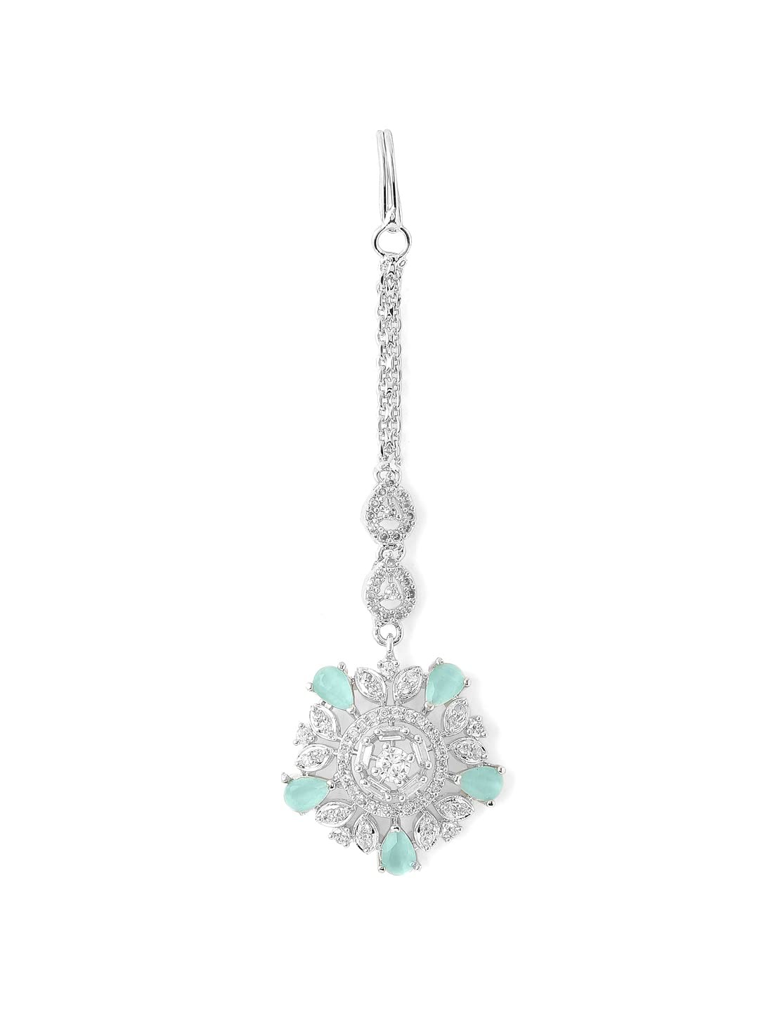 Yellow Chimes Silver Plated Luxury Sea Green Color AD Studded Penta Shape Design Handcrafted Maang Tika For Women & Girls