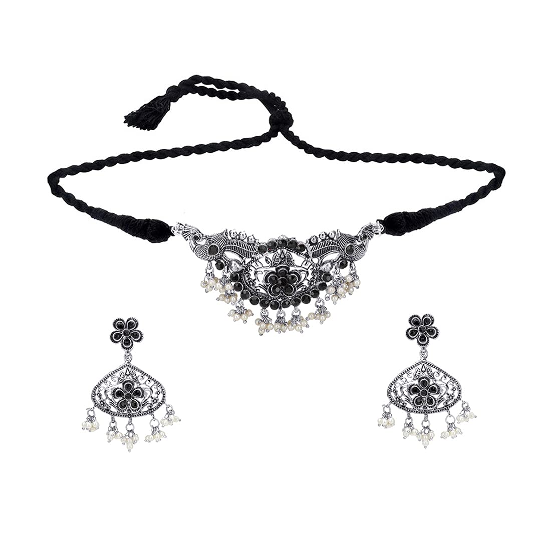 Yellow Chimes Classic German Silver Oxidised Black Studded stones Flower Peacock Design Pearl moti Hand made Dori Thread Traditional Choker Necklace Set for Women and Girls, Medium (Model Number: YCTJNS-68STPCK-BK)