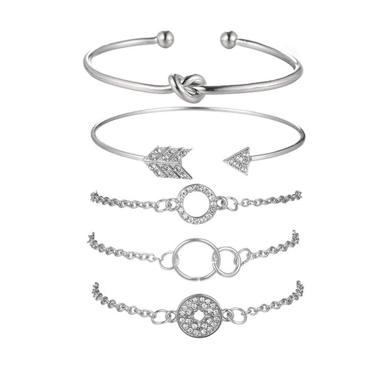 Yellow Chimes Exclusive Combo of 5 Pcs/Set Round Circle Arrow Knot Crystal Charm Multilayer Adjustable Open Bangle Boho Style Kada Bracelets for Women and Girl's