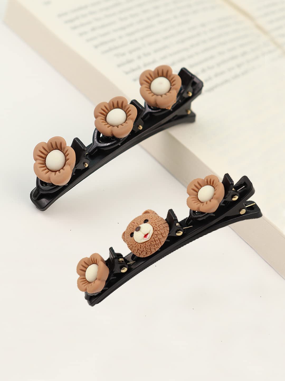 Melbees by Yellow Chimes Hair Clips for Girls hair Accessories for Girls Floral Brown Hairclip Cute Teddy Bear Hair Clips for Girls Alligator Hair Clip for Kids and Girls Hair Accessories.