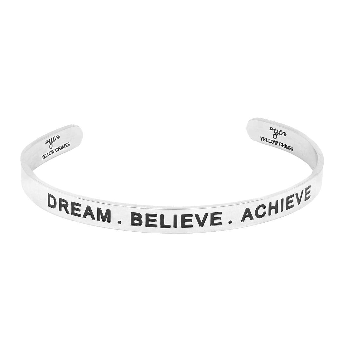 Yellow Chimes Bracelet for Unisex Dream Believe Achieve Inspirational Gifts Message Engraved Mirror Polish Stainless Steel Unisex Karma Band Kada Bracelet for Men and Women