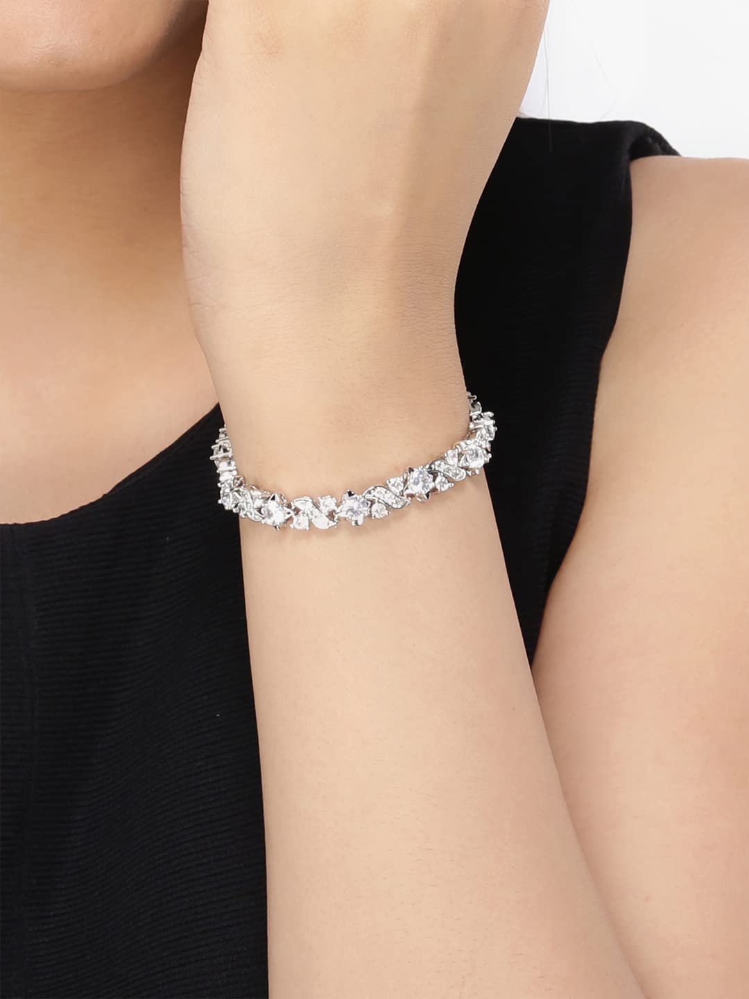 Yellow Chimes Women's Fashion Silver Tone Crystal White Crystal Bracelets