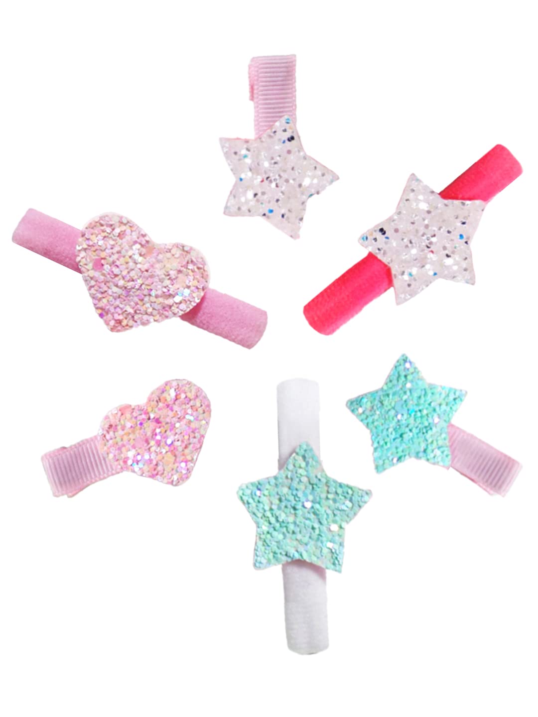 Melbees by Yellow Chimes 6 pcs Hair Clips Hair Band for Kids with Glittering Star Heart Charms Hair Accessories Pretty Snap Hairpins Hair Ties for Kids Girls (Pack of 6), Multi-Color, Medium (YCHACLRB-KD004-MC)