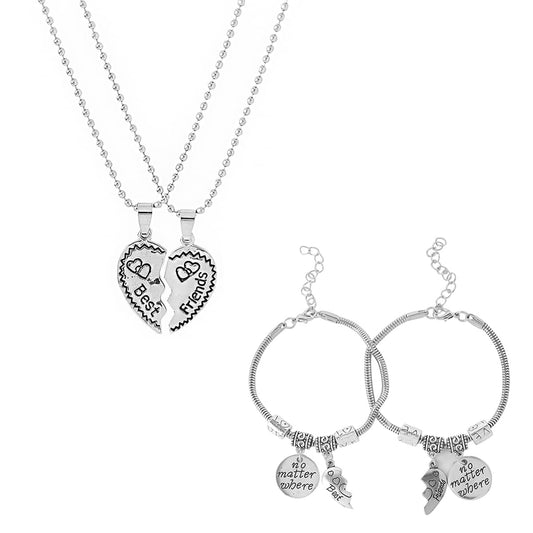 Yellow Chimes 4 PCs Combo Best Friends Forever Silver Plated Heart Charm Couple Bracelet Pendent for Girls and Boys (Unisex)