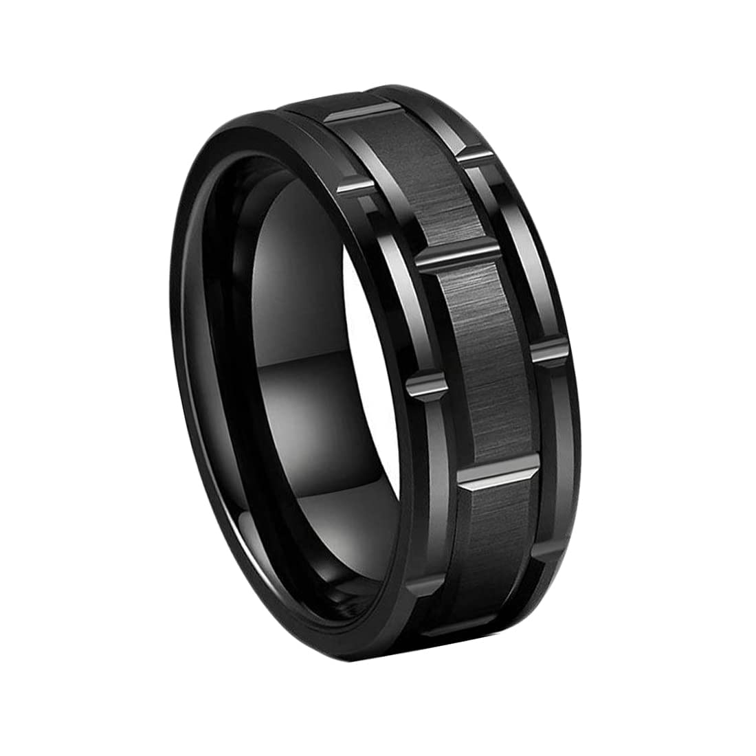 Yellow Chimes Rings for Men Stainless Steel Black Ring Brick Pattern Band Finger Ring for Men and Boys.