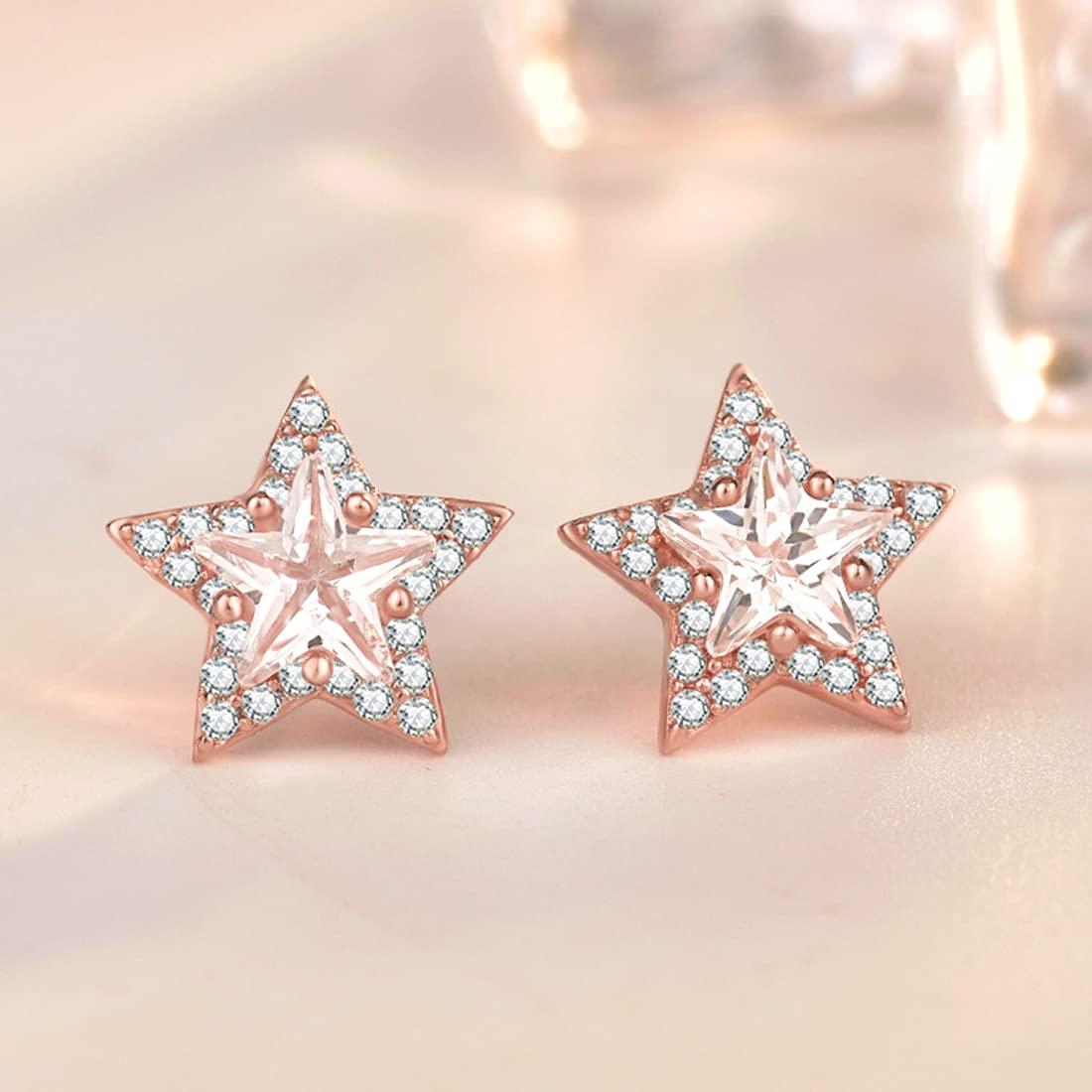 Yellow Chimes Elegant 925 Sterling Silver Hallmark and Certified Purity Star Design Crystal Stud Earrings for Women and Girls, Rose Gold, Medium