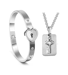 Yellow Chimes Couple Bracelet Set for Women Engraved Lock and Key Stainless Steel Couple Bracelet Pendant Necklace Set for Men and Women