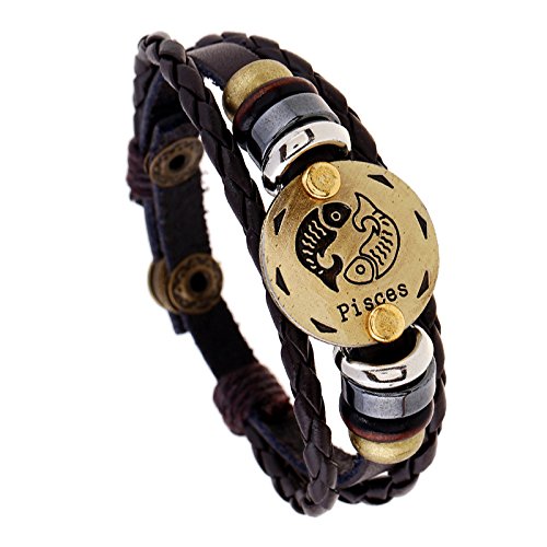 Yellow Chimes Zodiac Sign Constellation Handmade Brown Leather Bracelet for Men and Women/Unisex (Pisces)