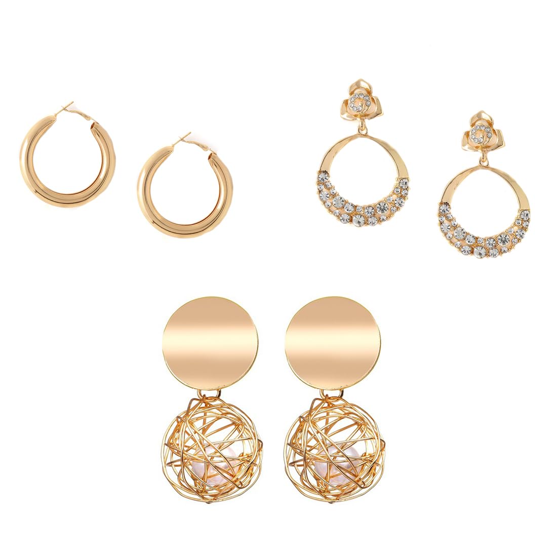 Kairangi Drop Earrings for Women 3 Pairs Combo Golden Earrings Geometric Shapes Gold Plated Hoop Earrings for Women and Girls