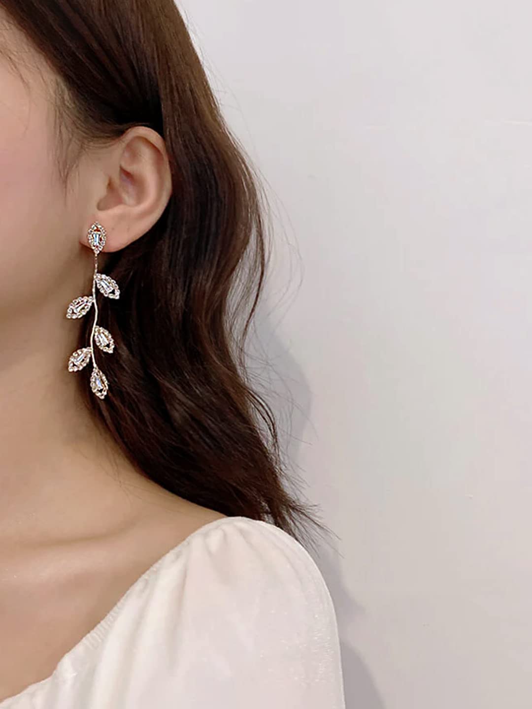 Yellow Chimes Earrings For Women Silver Tone Elegant Leaf Designed Crystal Studded Linear Drop Dangler Earrings For Women and Girls