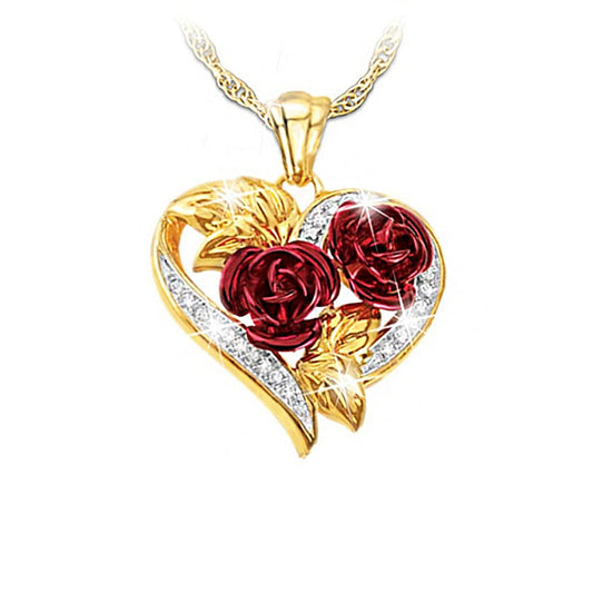 Yellow Chimes Fashion Gold Plated Rose Flower Crystal Heart Design Pendant for Women and Girls, Medium