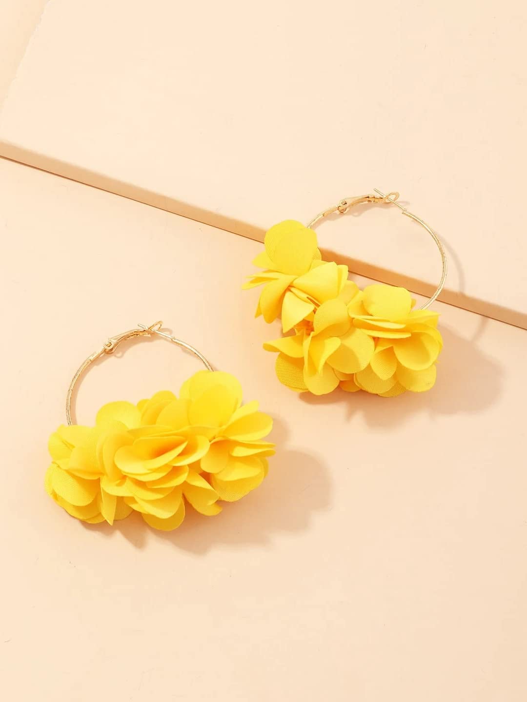 Yellow Chimes Earrings For Women Yellow Color Boho Dangle Lace Cloth Mesh Yarn Chiffon Silk Handmade Flower Layered Petal Circel Hoop Jewelry Earrings for Women and Girls