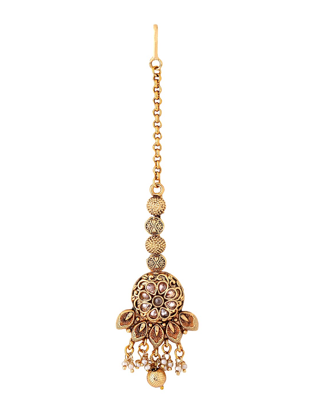 Yellow Chimes Manng Tikka for Women Gold Toned Crystal Studded Beads Drop Maang Tikka for Women and Girls