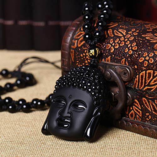 Yellow Chimes Black Beads Necklace for WomenObsidian Hand Carved Healing Beads Yoga Reik Natural Stone God Buddha Long mala Amulet Necklace Pendant for Men and Women