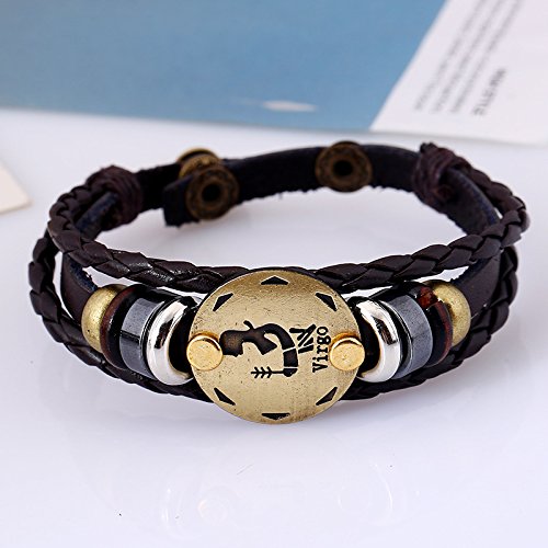 Yellow Chimes Zodiac Sign Constellation Handmade Brown Leather Bracelet For Men and Women/Unisex (Virgo)