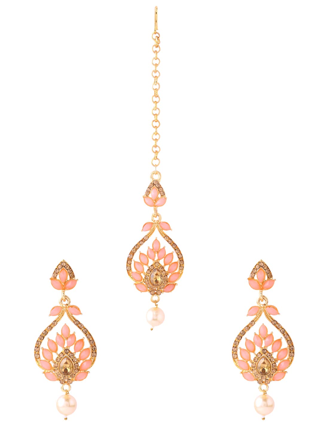 Yellow Chimes Mangtika and Earring Set for Women Gold-Plated Pink Stone-Studded Leaf Design Earrings With Maangtikka For Women and Girls