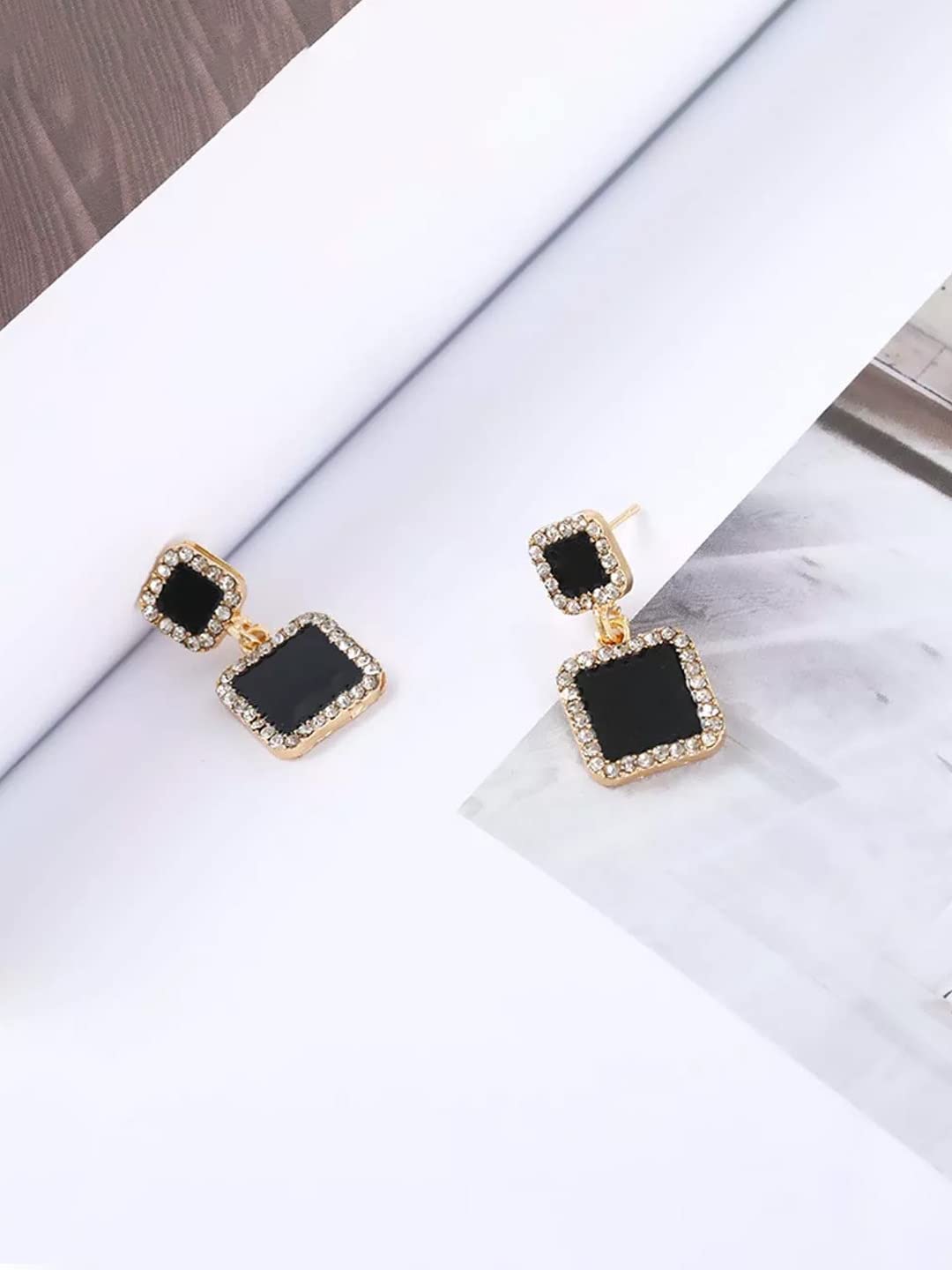 Yellow Chimes Earrings For Women Gold Tone Crystal Black color Rectangular Shape Stud Drop Earrings For Women and Girls