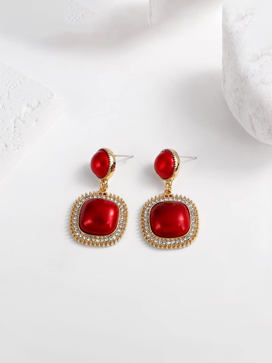 Yellow Chimes Earrings For Women Red Color Pearl Studded Double Drop Earrings For Women and Girls