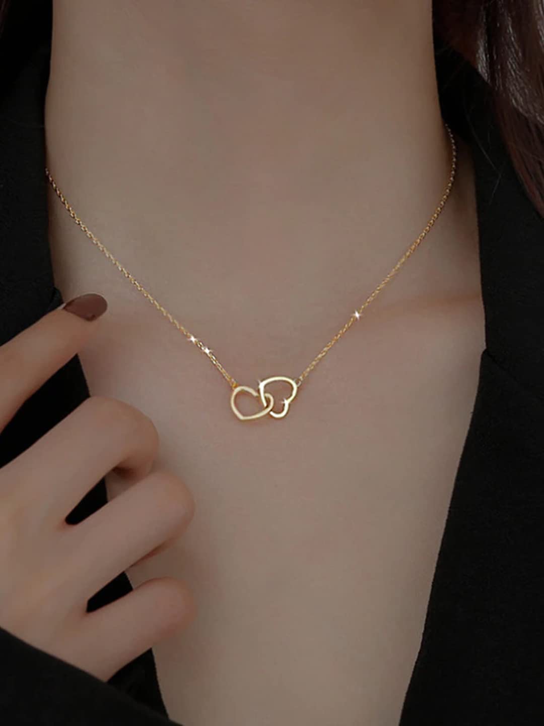 Yellow Chimes Pendant for Women and Girls Golden Pendant Necklace | Staineless Steel Valentines Special Dual Heart Chain Necklace | Birthday Gift for girls and women Anniversary Gift for Wife