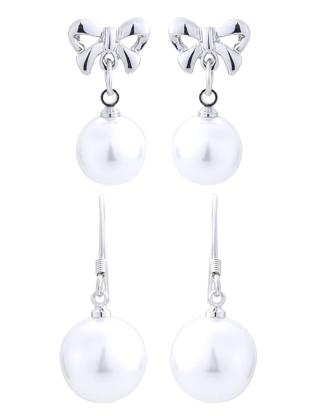 Kairangi Pearl Earrings for Women 2 Pairs Combo Drop Earrings Rhodium Plated White Plear Silver Drop Earrings for Women and Girls