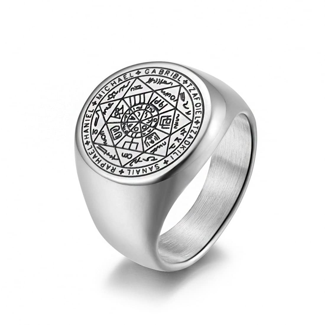 Yellow Chimes Rings for Men Stainless Steel Silver Ring The Seals of The Seven Archangels Protection Band Ring for Men and Boys.