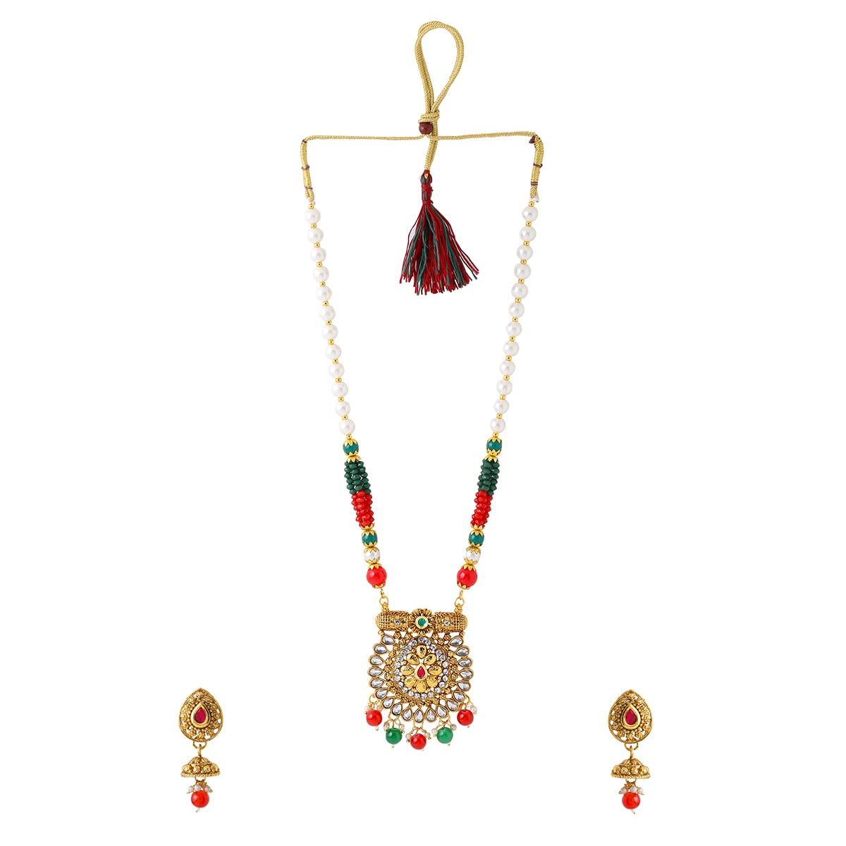 Yellow Chimes Jewellery Set For Women Long Kundan Beaded Charm Attached Necklace Set With Earrings For Women and Girls