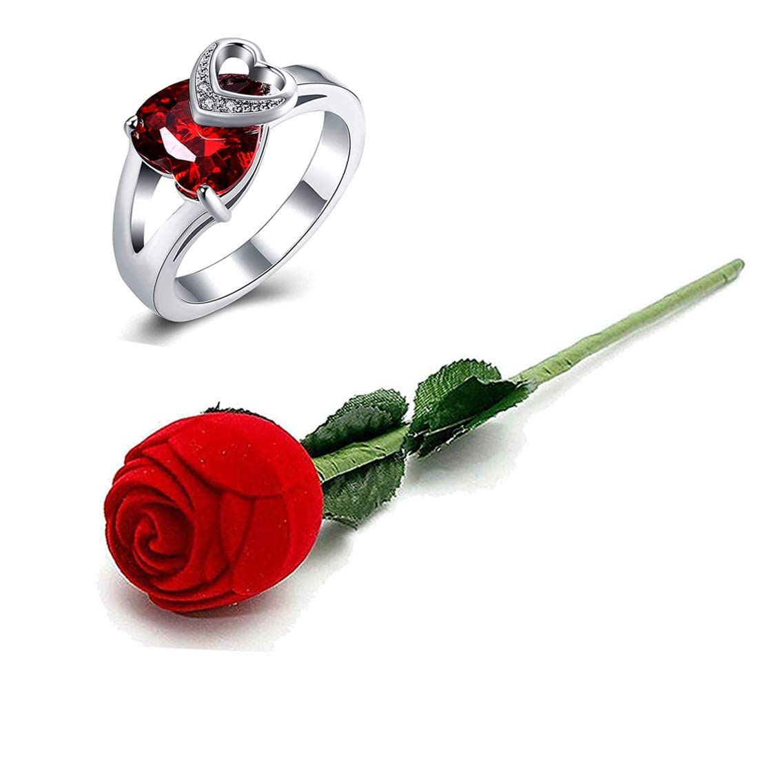 Yellow Chimes Rings for Women Valentines Gift Combo of Dual Red Heart 925 Silver Plated Crystal Ring in Red Velvet Rose Ring Box for Women and Girls(Size US 6)