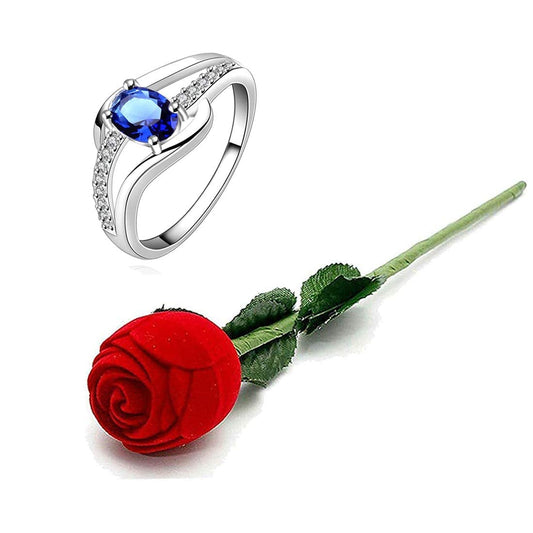 Yellow Chimes Rings for Women Valentines Gift Combo of Blue Rich Royal Austrian Crystal Ring in Red Velvet Rose Ring Box for Women and Girls (Size US 8)