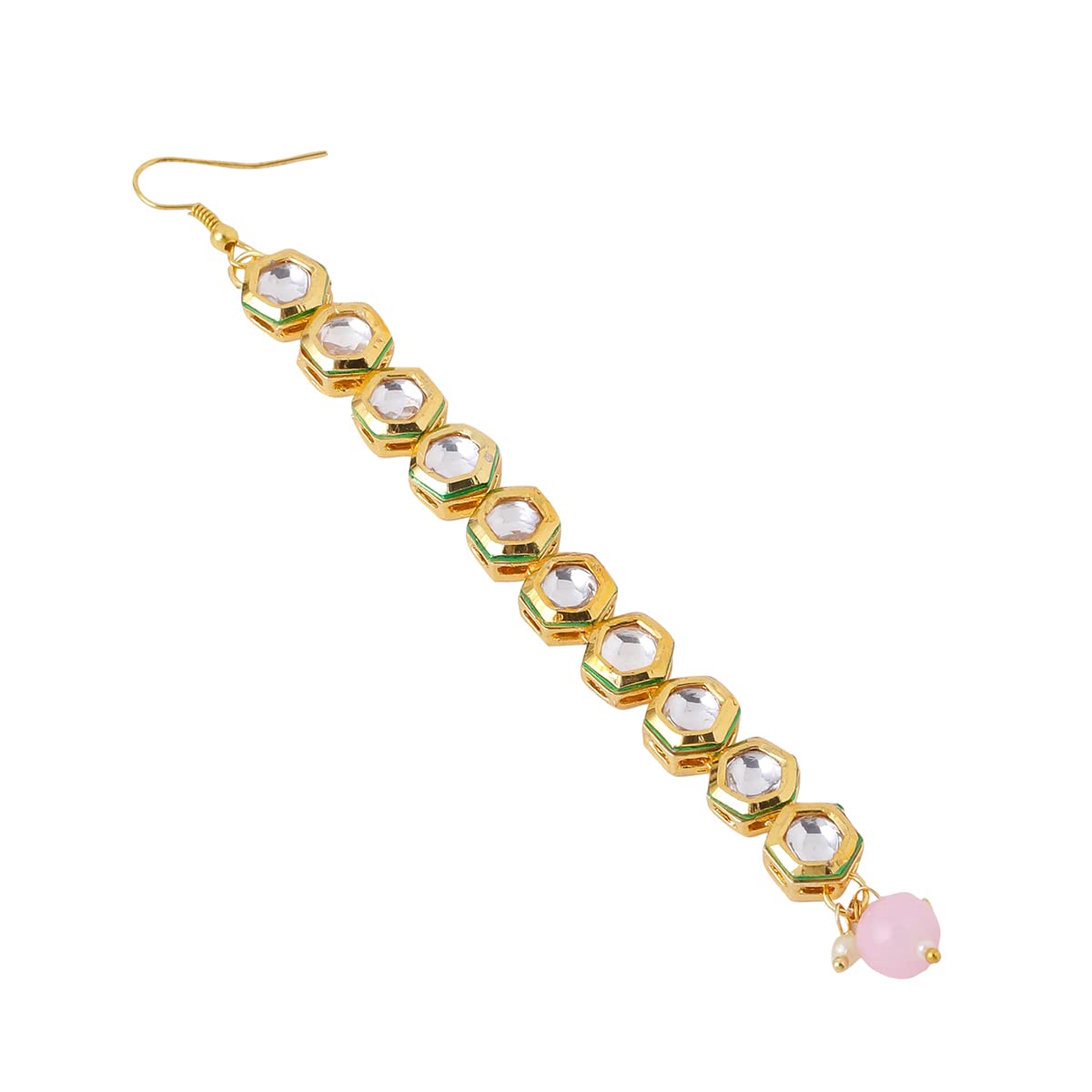 Yellow Chimes Maangtikka for Women Gold Toned Kundan Studded Single Line Designed Pink Pearl Drop Maangtikka for Women and Girls