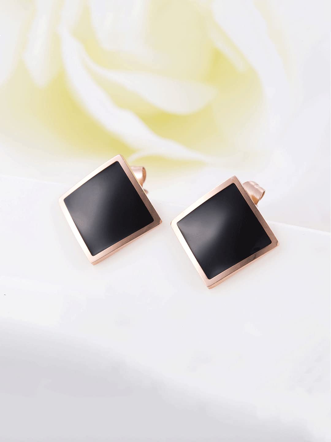 Yellow Chimes Stud Earrings for Women Western Rose Gold Plated Stainless Steel Black Square Stud Earrings For Women and Girls